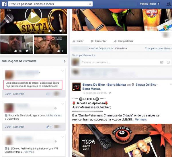 Após confusão: Mulher publicou uma mensagem na página da casa numa rede social pedindo mais segurança(Foto: Reprodução Facebook)