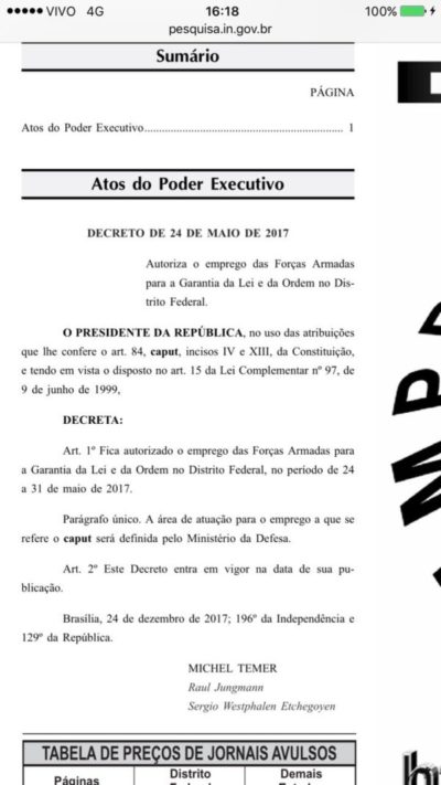 Cópia do decreto que autoriza forças armadas na segurança de prédios em Brasília