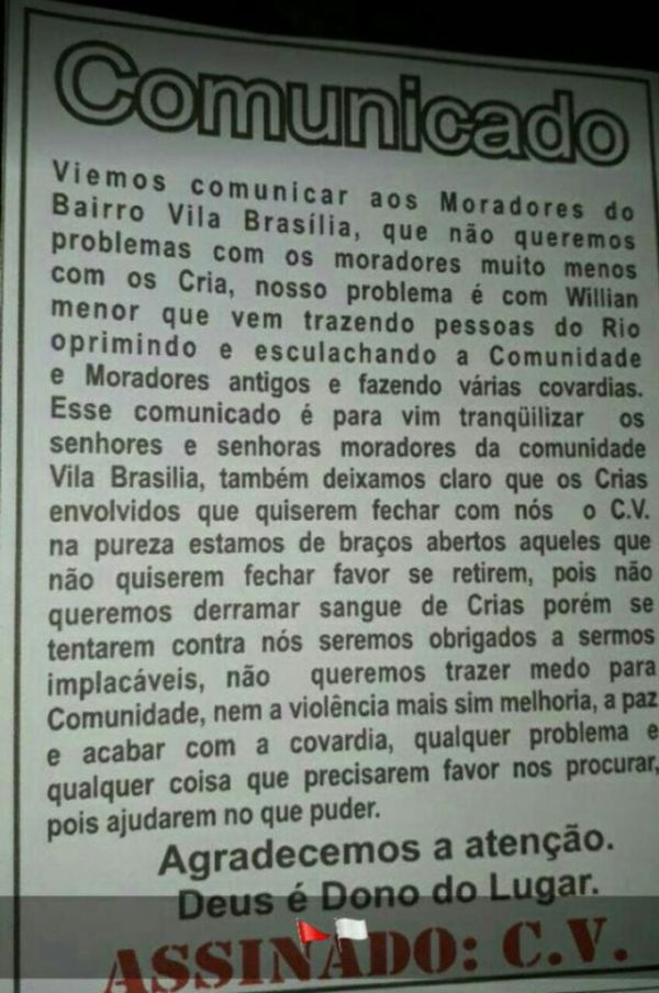 Comando Vermelho distribui panfleto para moradores da Vila Brasília